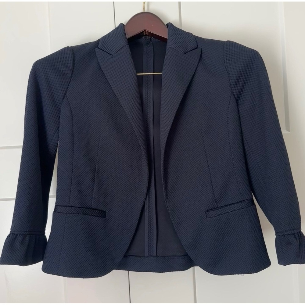 Amanda + Chelsea Navy Blue Waffle Knit Ruffle Cuff Open Front Blazer Jacket 4